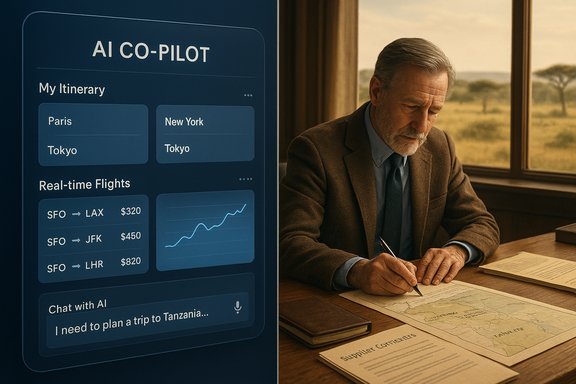 An elderly man maps a trip at a desk while an AI co-pilot interface looms on the left.