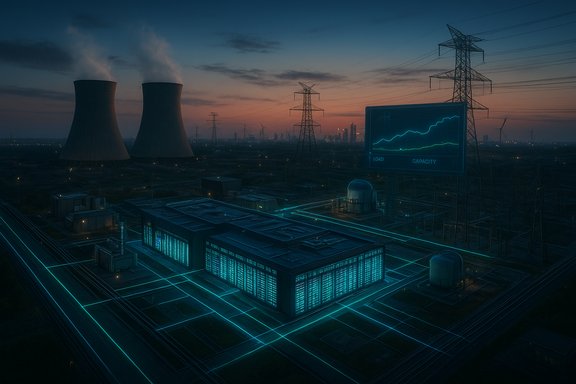 Futuristic power plant at dusk with cooling towers, transmission lines, and a neon-lit data center.