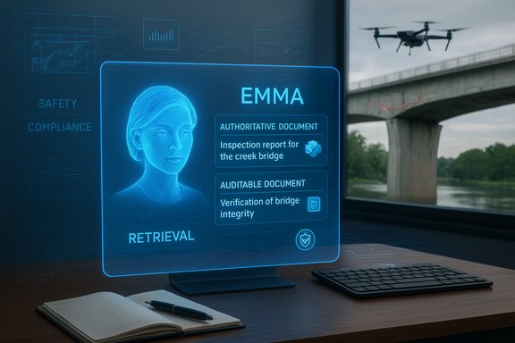 A blue holographic profile named EMMA shows bridge inspection reports indoors as a drone hovers near a bridge.