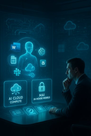 A man examines a blue holographic display of AI cloud compute and MAI in-house models.