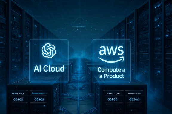 Blue-lit data center with holographic AI Cloud and AWS panels above server racks.