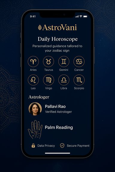 AstroVani app screen: daily horoscope, zodiac icons, and astrologer profile.