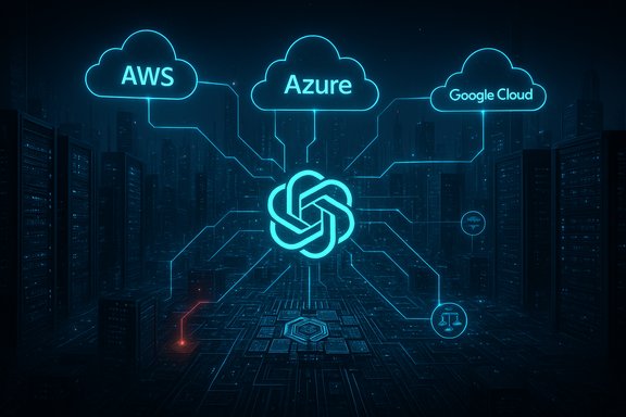 Neon blue data hub linking AWS, Azure, and Google Cloud in a futuristic cityscape.