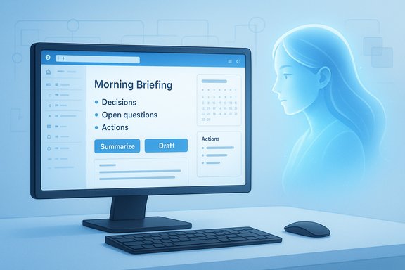 Blue-toned computer screen shows a Morning Briefing with decisions, questions and actions beside an AI figure. Blue-toned computer screen shows a Morning Briefing with decisions, questions and actions beside an AI figure.