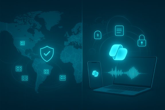 Neon global cybersecurity scene with shield, servers, and connected devices.