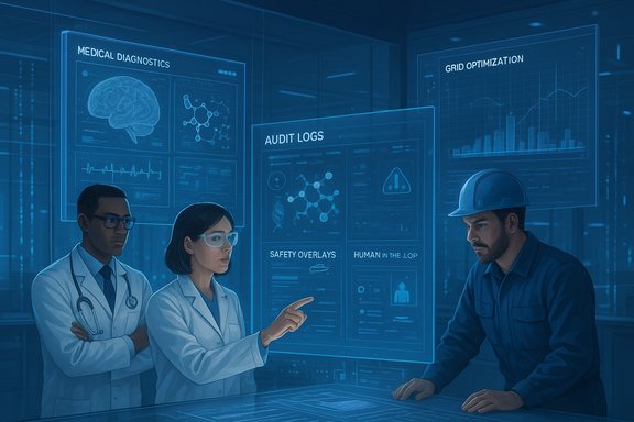 Medical team reviews holographic dashboards with diagnostics, audit logs, and grid optimization.
