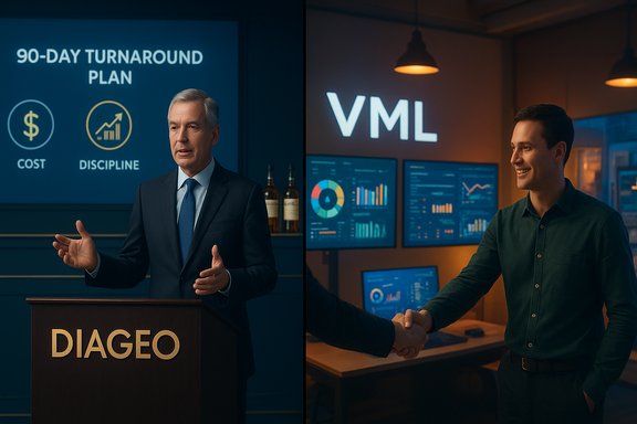 Split-screen: a Diageo exec presenting a 90-day turnaround plan, and a handshake in a VML analytics room.