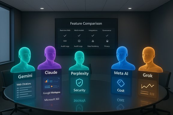 Glowing holographic AI avatars (Gemini, Claude, Perplexity, Meta AI, Grok) surround a round boardroom table.