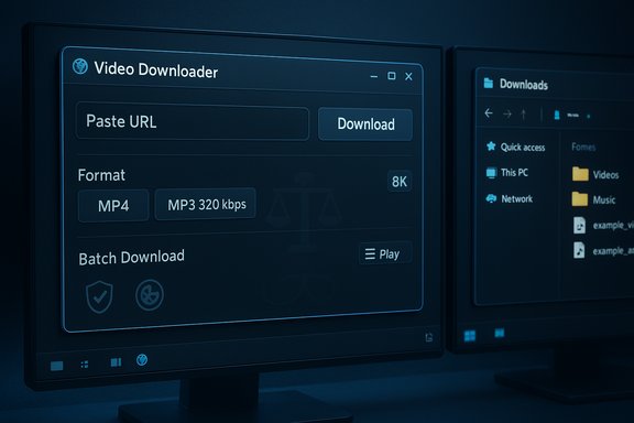 Blue-tinted monitor shows a video downloader app with Paste URL and format options.