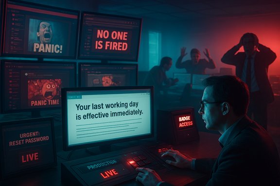 A control room in chaos as a worker reads 'Your last working day is effective immediately.'
