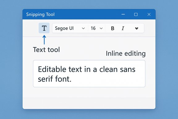 A Snipping Tool UI mockup showing a text tool with Segoe UI font and inline editable text.