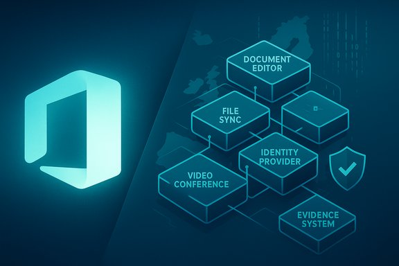 Teal isometric diagram showing a software architecture with modules like Document Editor and File Sync.