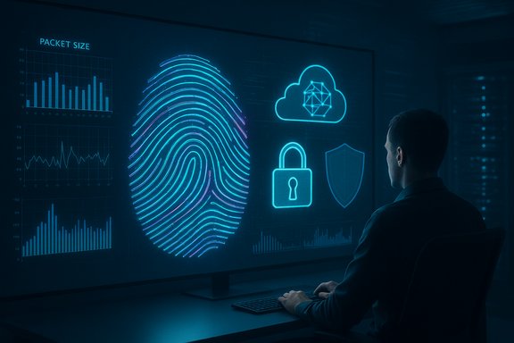 A person monitors a neon blue security dashboard featuring fingerprint, cloud, lock, and shield icons.