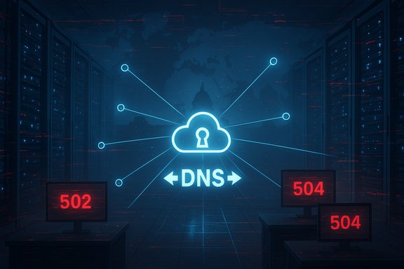 Cloud DNS diagram in a data center, showing connections and 502/504 error screens.