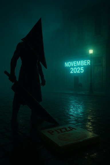 Shadowy hooded figure with a triangular hood and sword, beneath a neon 'November 2025' sign. Shadowy hooded figure with a triangular hood and sword, beneath a neon 'November 2025' sign.