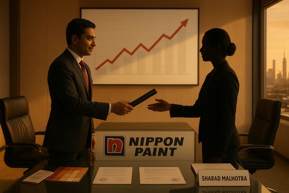 Two professionals exchange a rolled document in a Nippon Paint conference room, with a rising chart in the background.