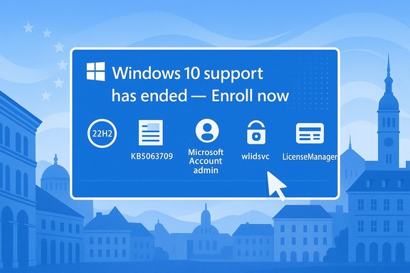 Blue Windows-style sign announcing Windows 10 support has ended—Enroll now.