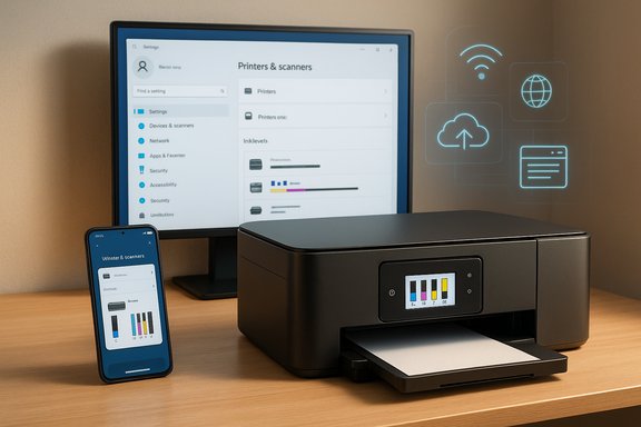 Sleek wireless printer on a desk, with monitor and phone showing printer settings.