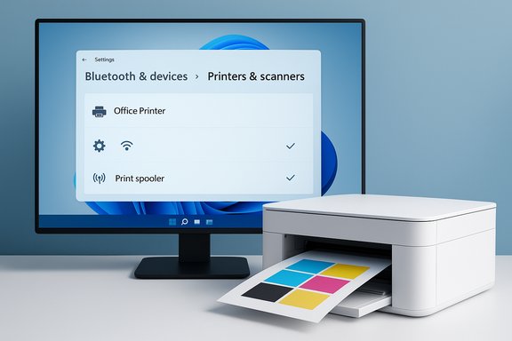 A computer monitor shows printer settings while a color printer prints a color sheet.