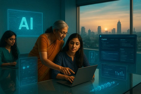An older woman mentors a younger colleague at a laptop amid AI holographic displays in a high-tech office.