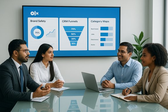 Diverse team discusses OLX dashboard analytics in a boardroom.