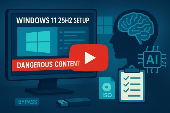 Windows 11 25H2 setup screen labeled Dangerous Content with AI brain, play button, and checklist icons. Windows 11 25H2 setup screen labeled Dangerous Content with AI brain, play button, and checklist icons.