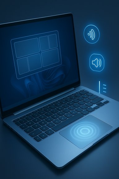 A futuristic laptop displaying blue holographic controls with a glowing touchpad. A futuristic laptop displaying blue holographic controls with a glowing touchpad.