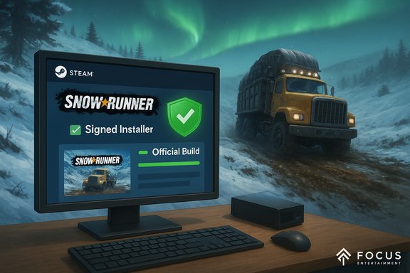 PC monitor shows SnowRunner installer on Steam, as a yellow truck battles the snowy aurora-lit landscape.