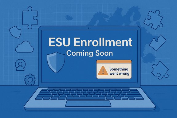 ESU Enrollment Coming Soon shown on a laptop, with a 'Something went wrong' alert badge.