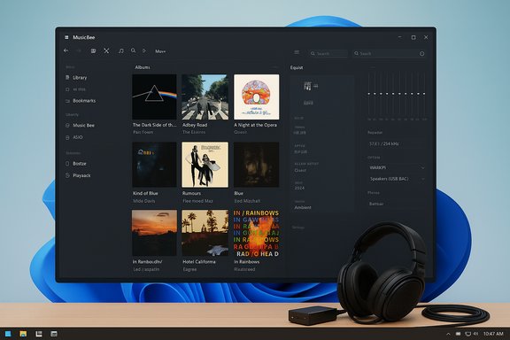 A large monitor displays the MusicBee music library interface, with headphones resting on a wooden desk.