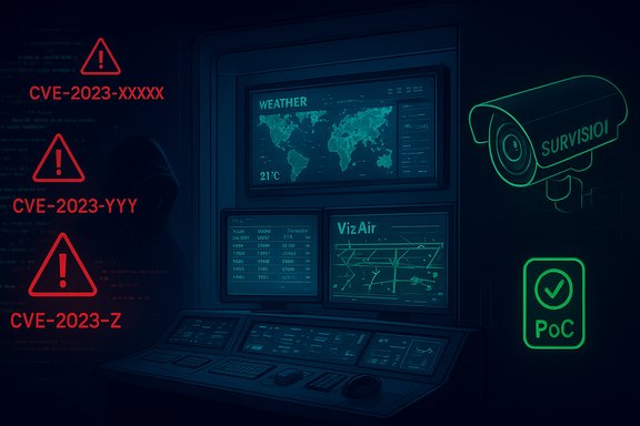 Dim command center with red CVE warnings, a neon surveillance camera, and weather dashboards.