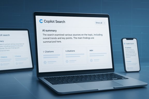 Laptop screen shows Copilot Search AI summary with citations; tablet and phone nearby.