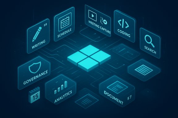 A digital platform hub with modules for writing, scheduling, meetings, coding, search, governance, analytics, and documents.