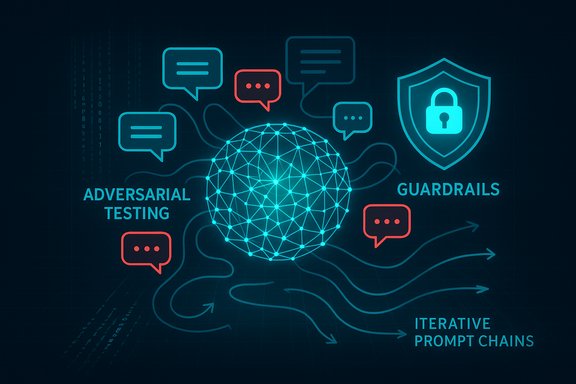 Futuristic cybersecurity illustration showing adversarial testing and guardrails around a neural network.