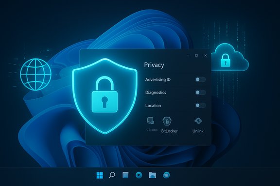 A glowing shield lock and privacy settings panel on a blue, cyber-themed background.