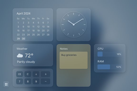 Sleek dashboard with calendar, clock, weather, notes, and system stats tiles. Sleek dashboard with calendar, clock, weather, notes, and system stats tiles.
