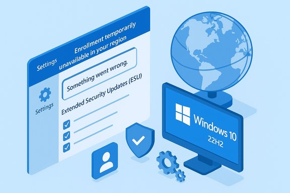 Isometric Windows 10 22H2 update UI shows regional enrollment blocked and errors.