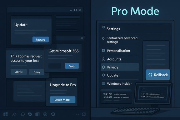 Split-screen illustration showing update prompts on the left and Pro Mode settings on the right.