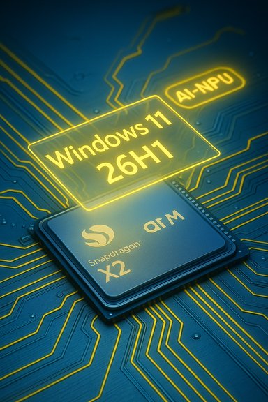Glowing Windows 11 26H1 label above a Snapdragon X2 AI-NPU processor on a blue circuit board.