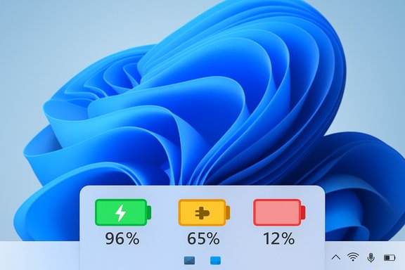 Blue abstract background with a floating panel showing three battery levels: 96%, 65%, and 12%.
