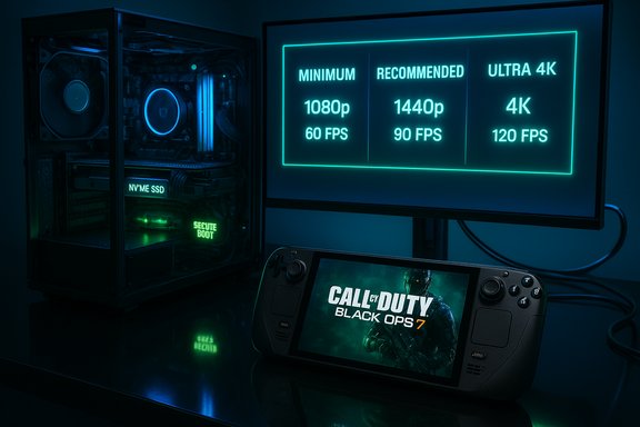 A blue-toned gaming setup with a PC tower, glowing FPS monitor, and a handheld playing Call of Duty: Black Ops 7.