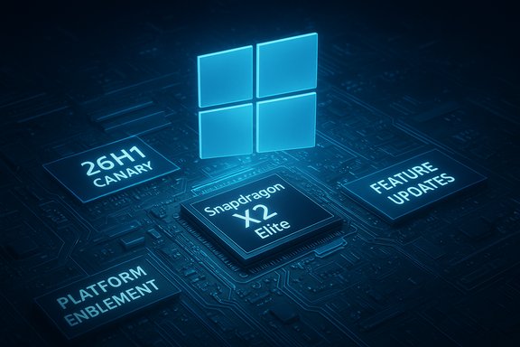Glowing Windows logo atop a blue circuit board, with Snapdragon X2 Elite and feature updates.