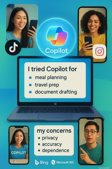 Promo image showing Copilot aiding planning and drafting, with video-call avatars and social icons around.