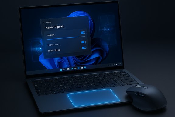 Laptop displays haptic signals settings with glowing blue touchpad and mouse.