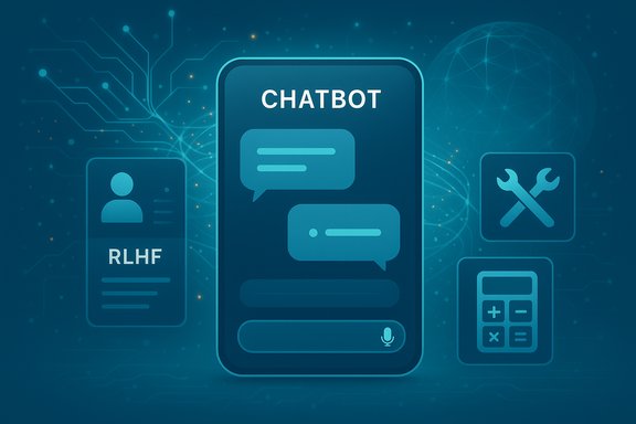 Central smartphone screen shows a chatbot interface with chat bubbles, surrounded by tech icons and circuitry.