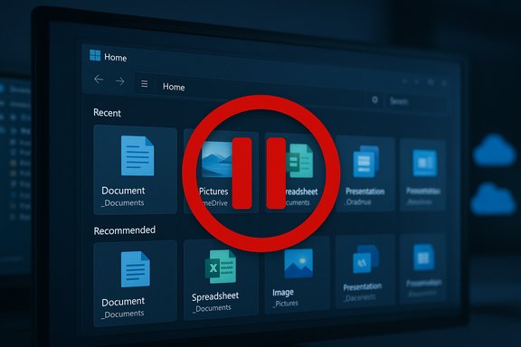 Windows-like home screen showing Recent items and app icons, overlaid by a large red pause symbol.