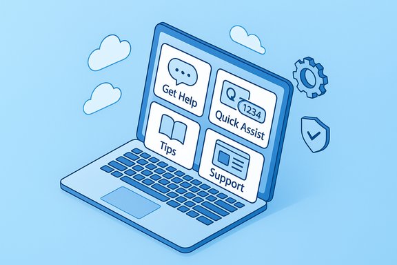 Isometric laptop screen showing Get Help, Quick Assist, Tips and Support tiles.