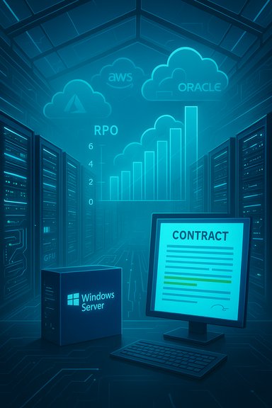 Futuristic data center with Windows Server box, contract on screen, and cloud icons for AWS and Oracle.