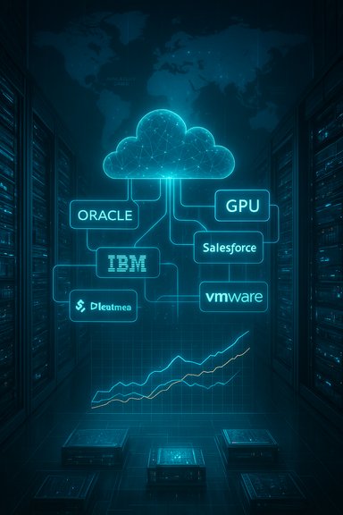 Neon cloud network in a data center links Oracle, IBM, Salesforce, VMware, GPU.