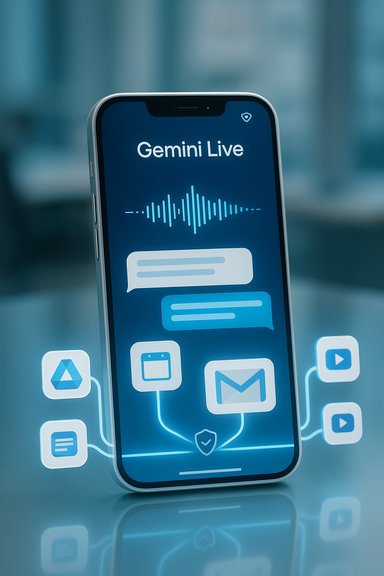 Smartphone screen shows Gemini Live with a waveform and chat bubbles, surrounded by app icons.